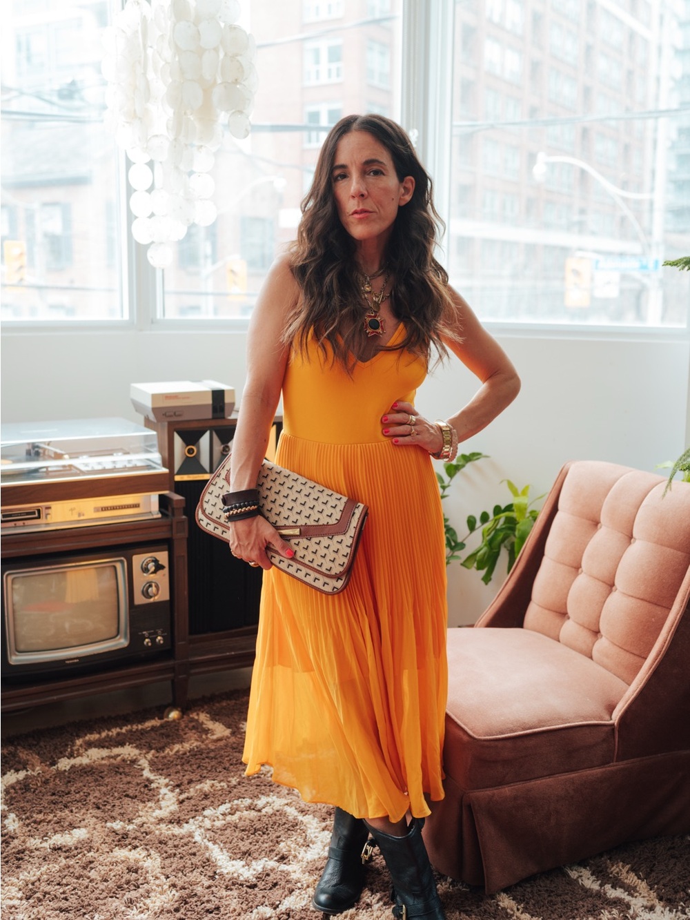 Wilfred Sleeveless Yellow-Orange Pleated Midi Dress - Picture 3 of 8